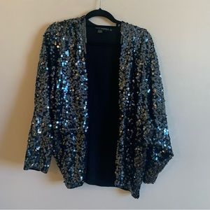 VINTAGE CATHY HARDWICK BLACK SEQUIN 100% SILK WIDE ARM JACKET SIZE MEDIUM